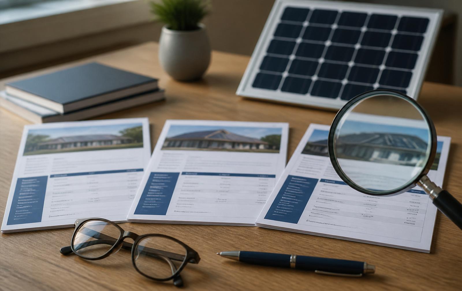 Three printed solar installer quotes fanned across a desk with a magnifying glass, pen and reading glasses, representing side-by-side installer quote comparison
