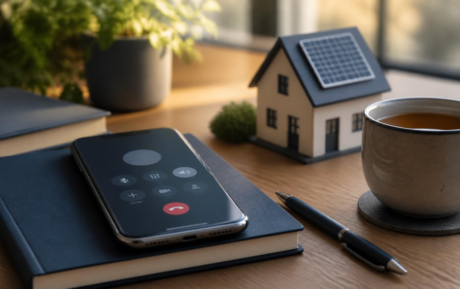 Desk with a smartphone showing a call screen on a notebook beside a cup of tea and a small model house with a solar panel, representing long-term aftercare and installer support