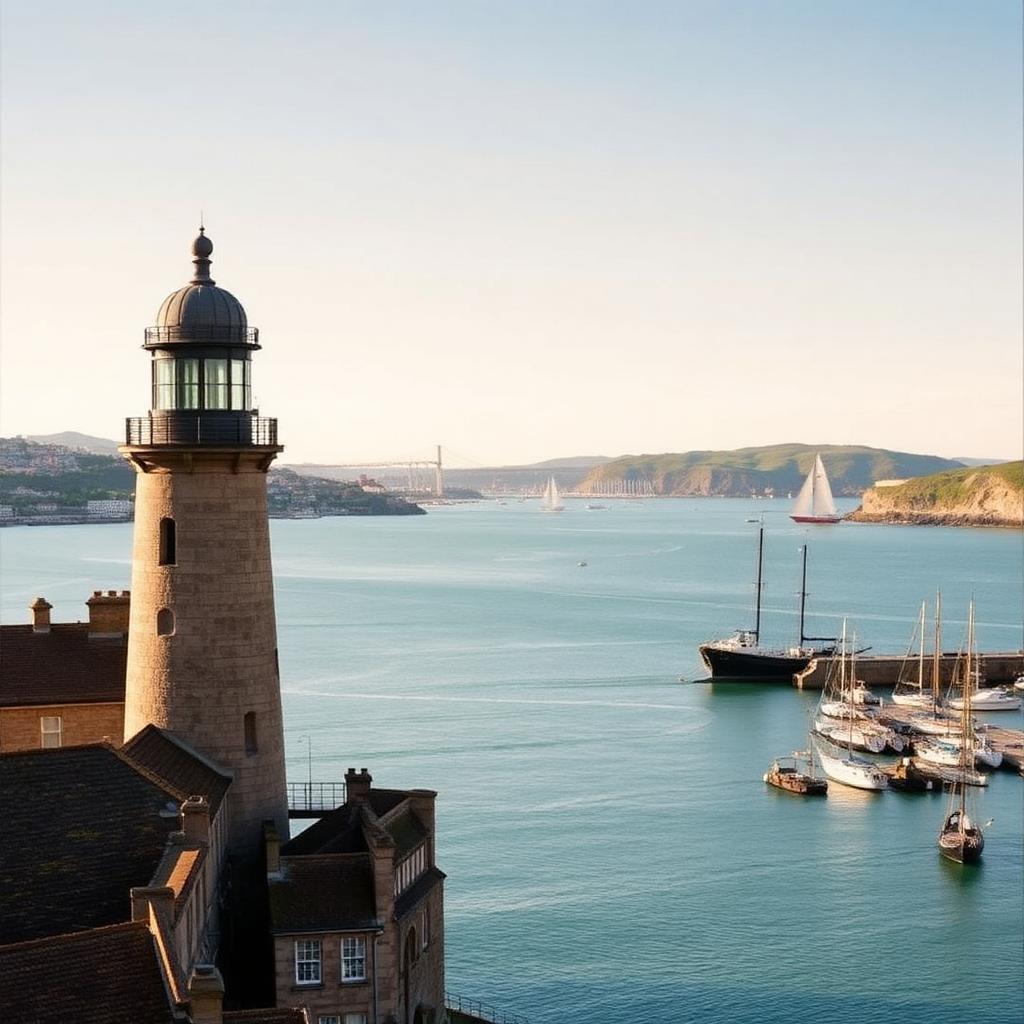 Plymouth Hoe with Smeaton's Tower lighthouse overlooking Plymouth Sound, moored sailing boats in the harbour and the coastline beyond