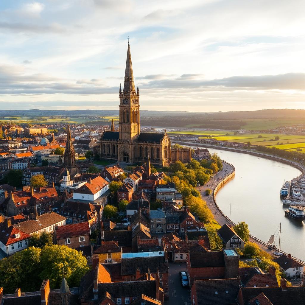 Aerial view of Exeter Cathedral above the medieval city with the River Exe estuary and rolling Devon countryside in golden evening light