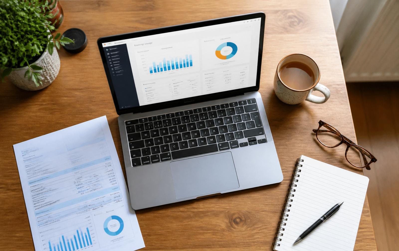 Home desk with laptop showing an energy usage dashboard alongside a printed electricity bill, the kind of review carried out during a free Solar Broker consultation