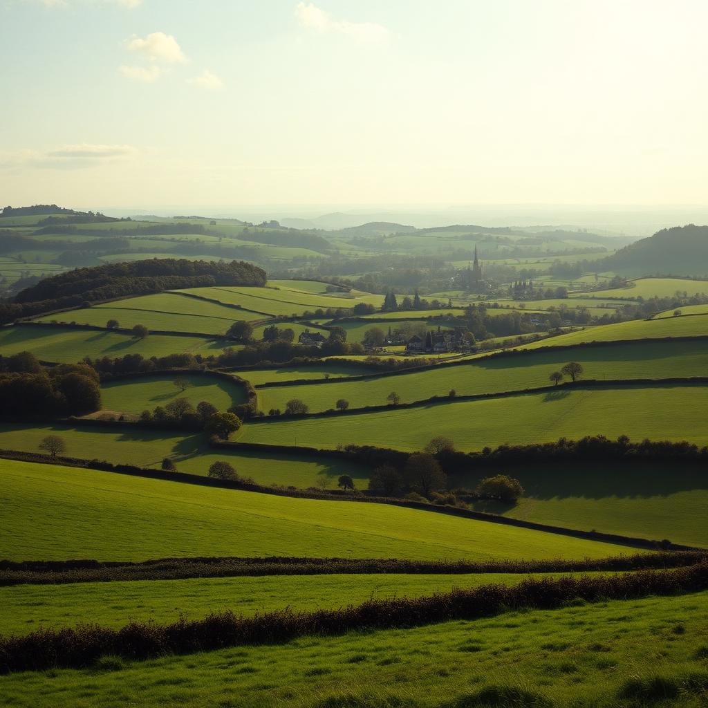 Rolling green Somerset countryside near Taunton, patchwork of fields, hedgerows and a distant village church spire under soft summer light